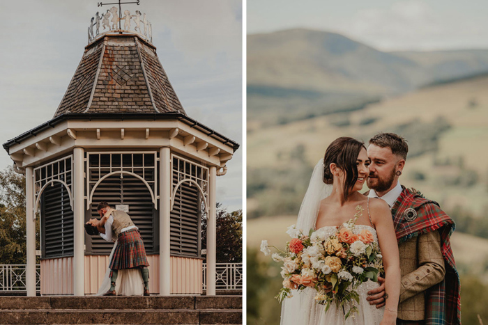 Couple portraits of bride and groom in front of tower and with scenery in the background