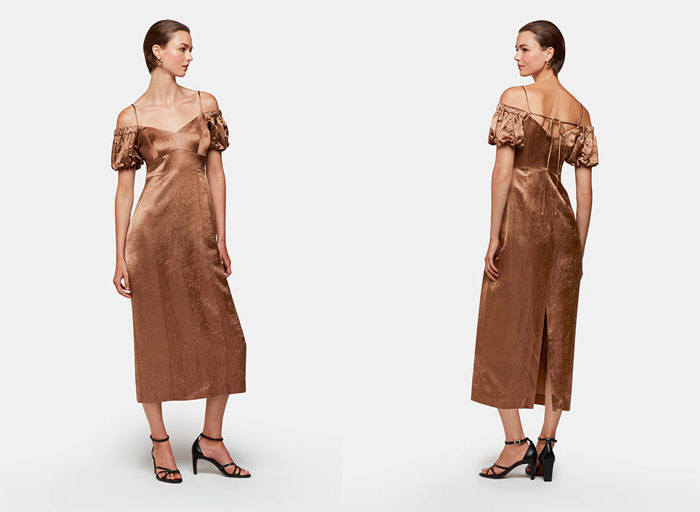 Woman in bronze satin bardot dress 