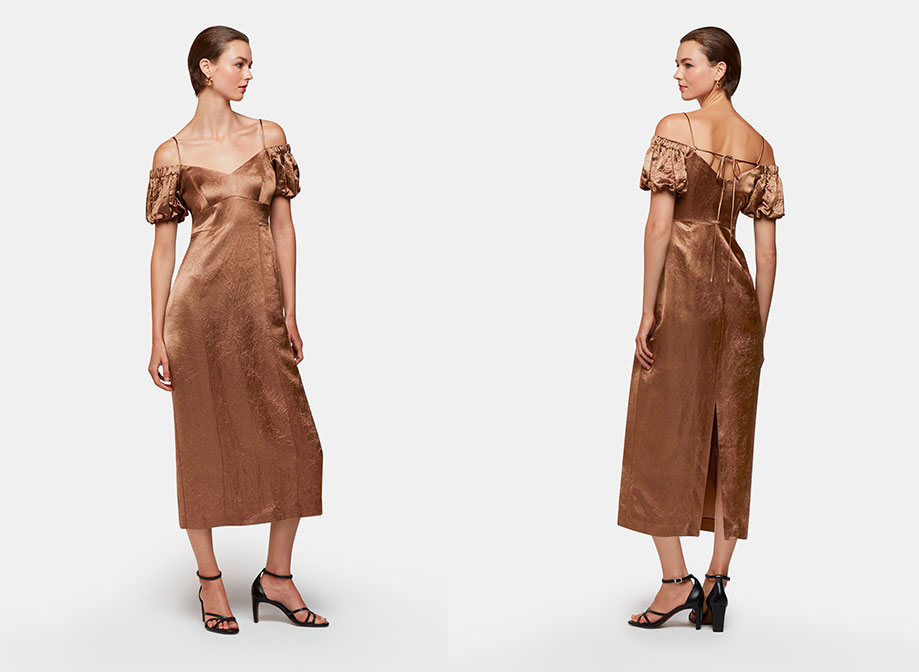 Woman in bronze satin bardot dress