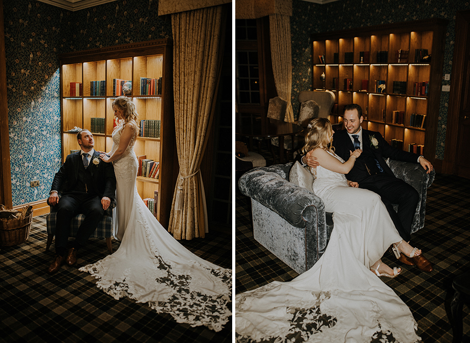on the left a groom in a suit sits in an armchair as a bride stands next to him in front of a bookshelf, on the right the couple both sit in a grey velvet couch