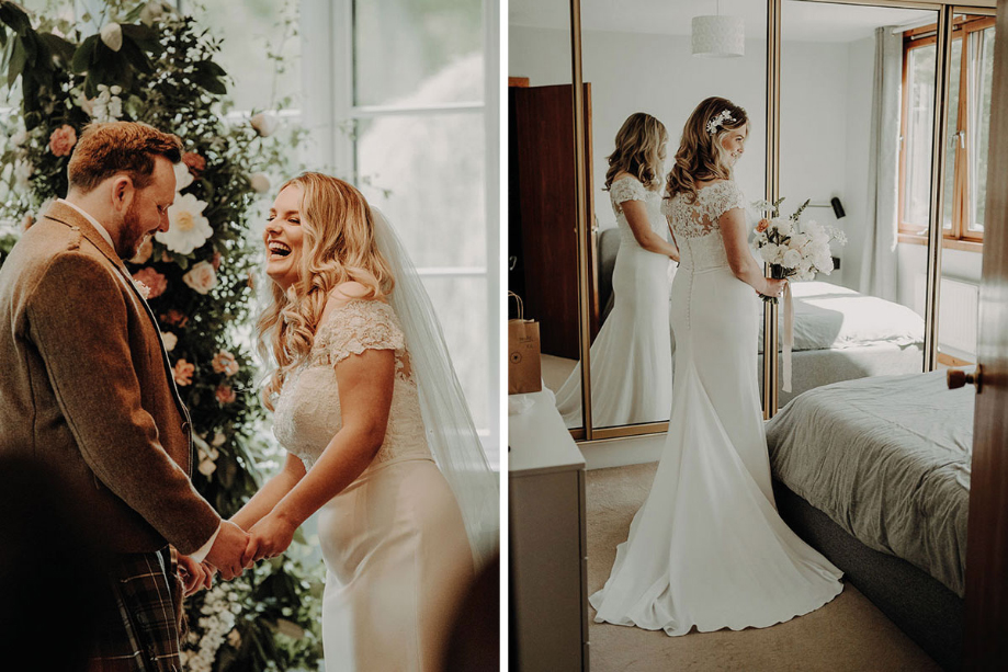 Bride and groom hold hands during the ceremony and second image shows bride in her dress on the wedding morning