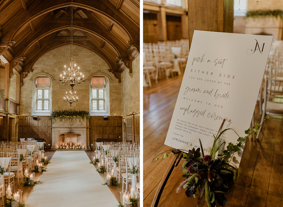 left image shows the wooden panelled ballroom at Achnagairn Castle with rows of chiavari chairs set out for a wedding ceremony with candles in glass vases on the floor at each end. The large stone fireplace at the end is filled with candles and has draped greenery high up on the mantelpiece. Right image shows a 'pick a seat' white wedding sign with elegant black script on a white background and cluster of flowers as decoration at the bottom