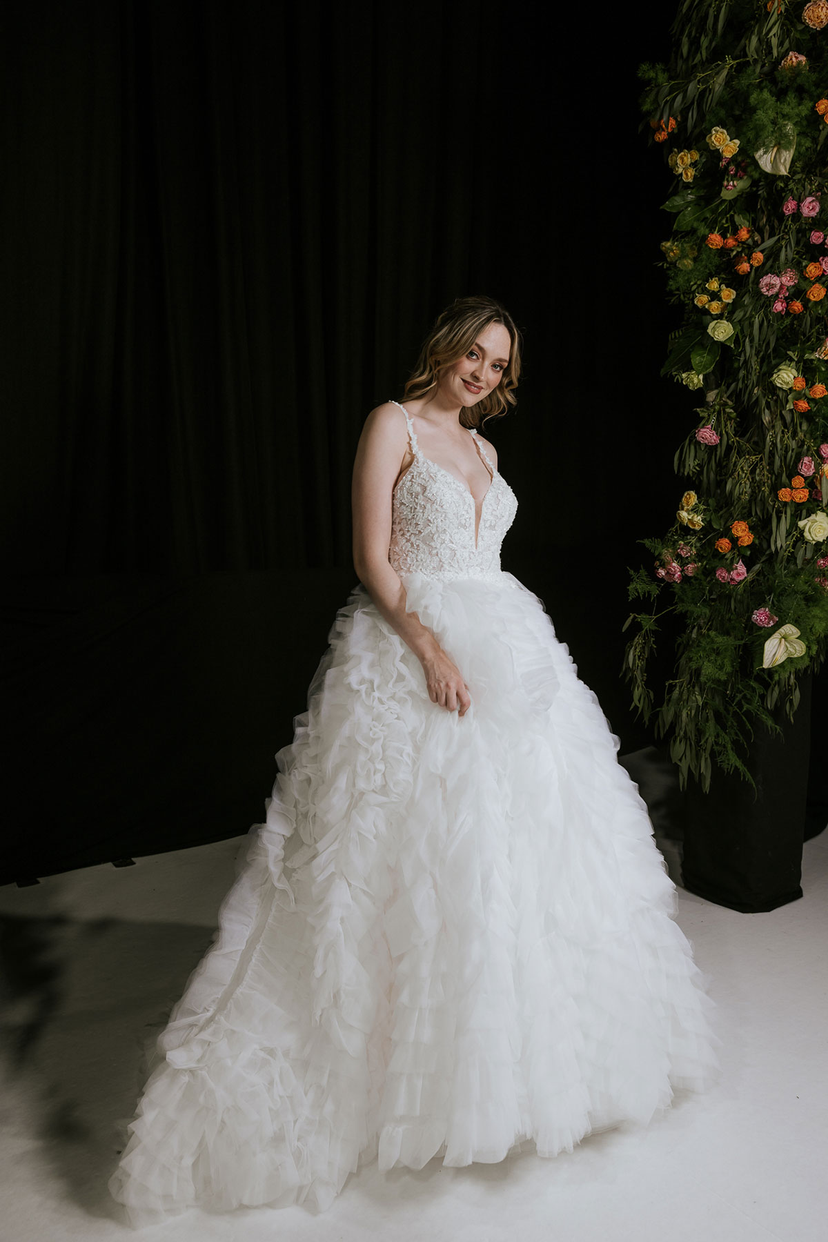 Bride wearing a tulle wedding dress with embellished top at the Scottish Wedding Show 2025
