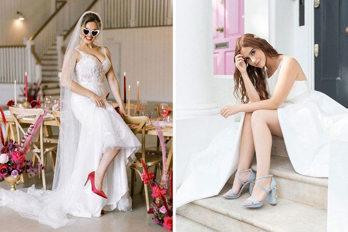 Brides wearing colourful wedding shoes, one in red court heels and the other in blue heeled sandals
