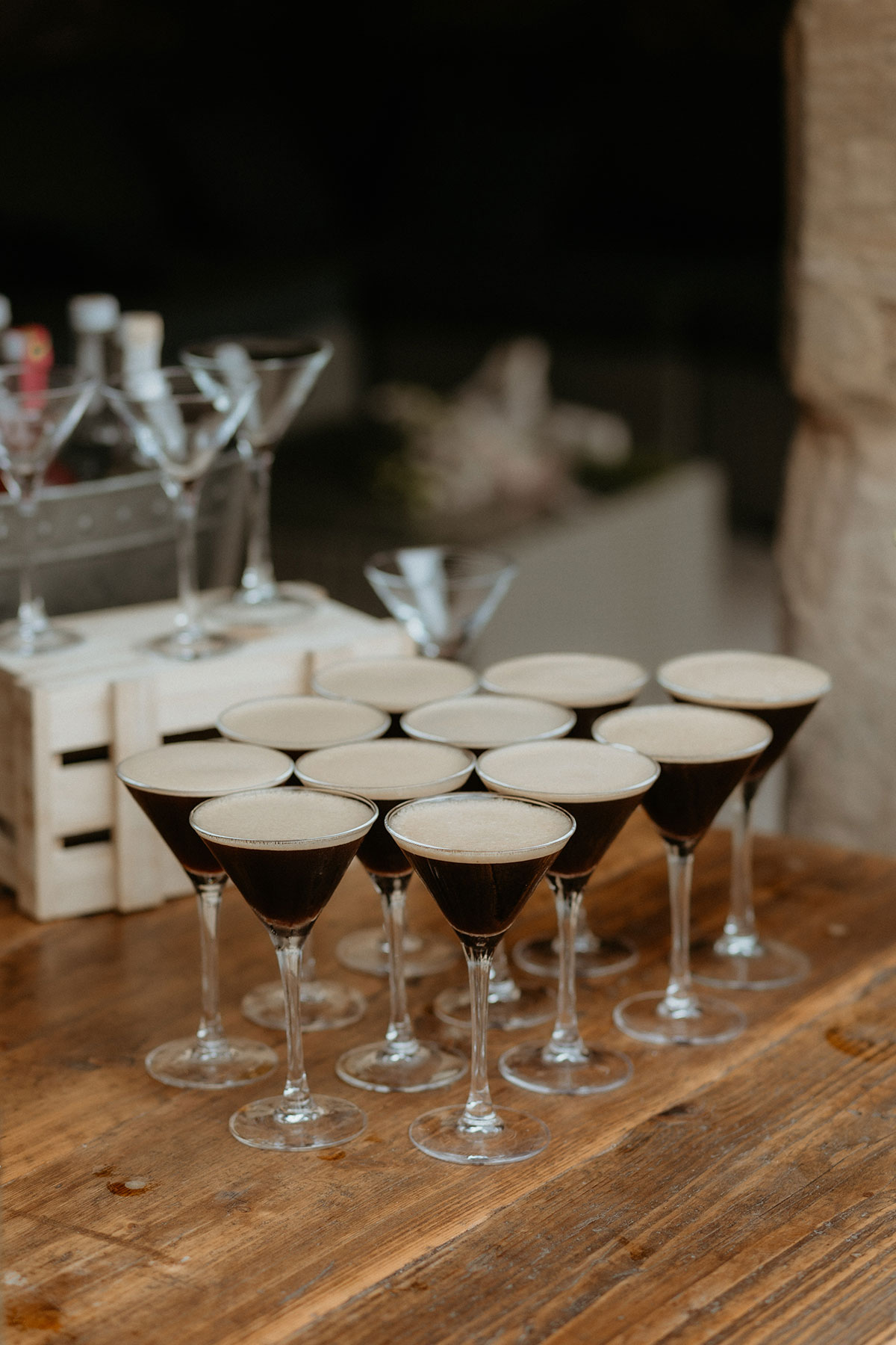 Espresso martinis served at Rosebery Steading wedding reception in Midlothian countryside venue.