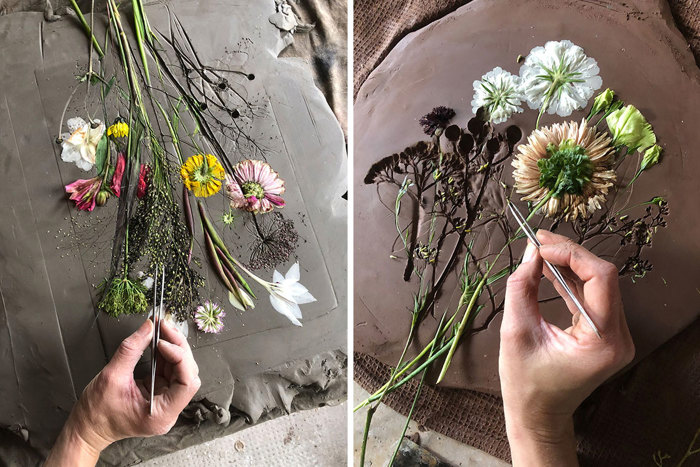 left image is hand putting flowers into a cast; right image is removing flowers from a cast