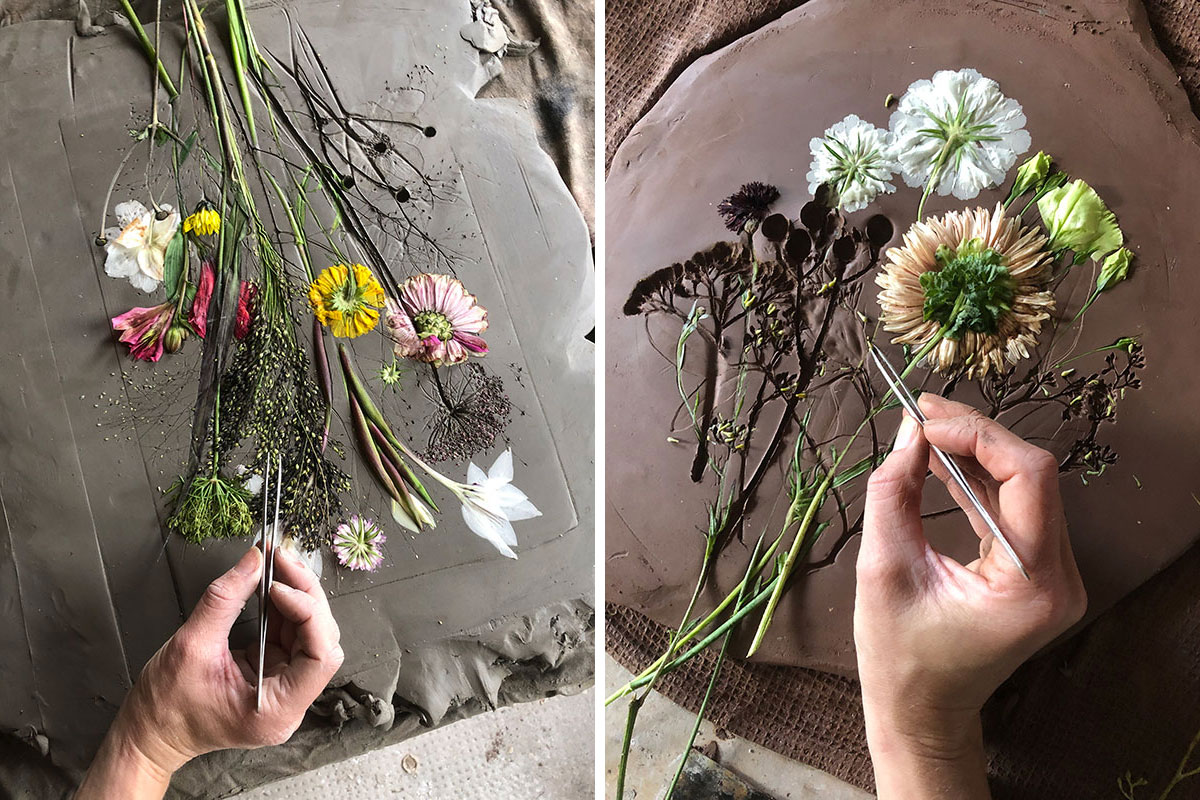 left image is hand putting flowers into a cast; right image is removing flowers from a cast