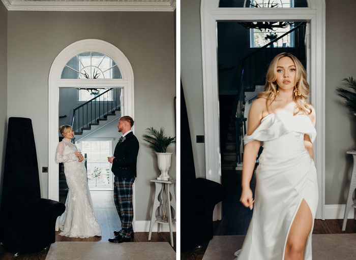 a bride and groom posing in an arch doorway on left. A bride walking through a room at House of Elrick while wearing a dress with a thigh-high split