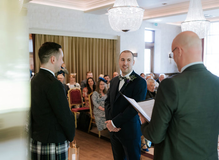 wedding ceremony of two grooms at Boclair House