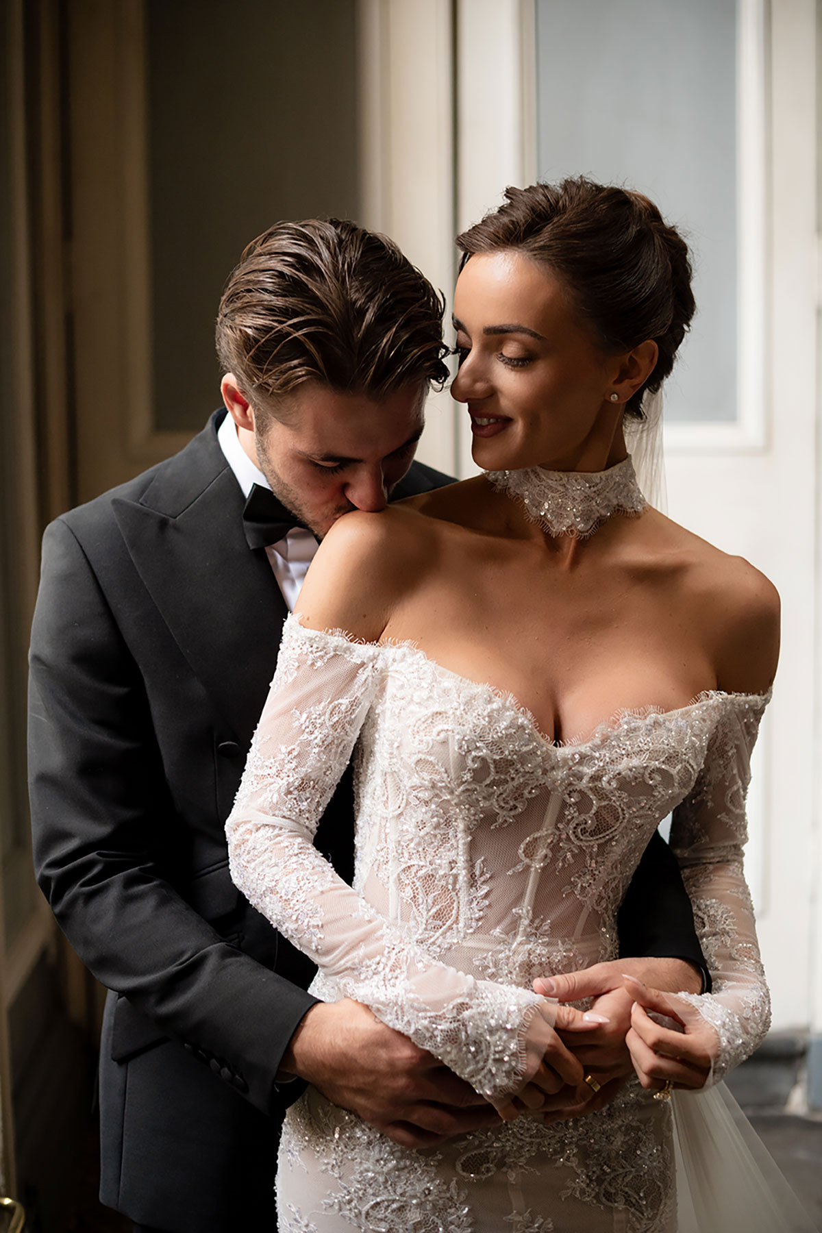 Bride and groom romantic portrait indoors at The Signet Library Edinburgh wedding