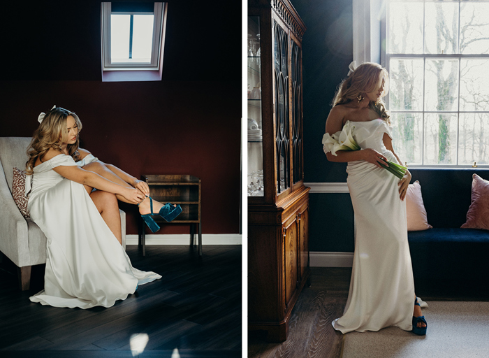 a bride seated on a beige velvet chair fastening the buckle on a shoe on left. A bride holding a bunch of lilies posing by a window and wooden display cabinet