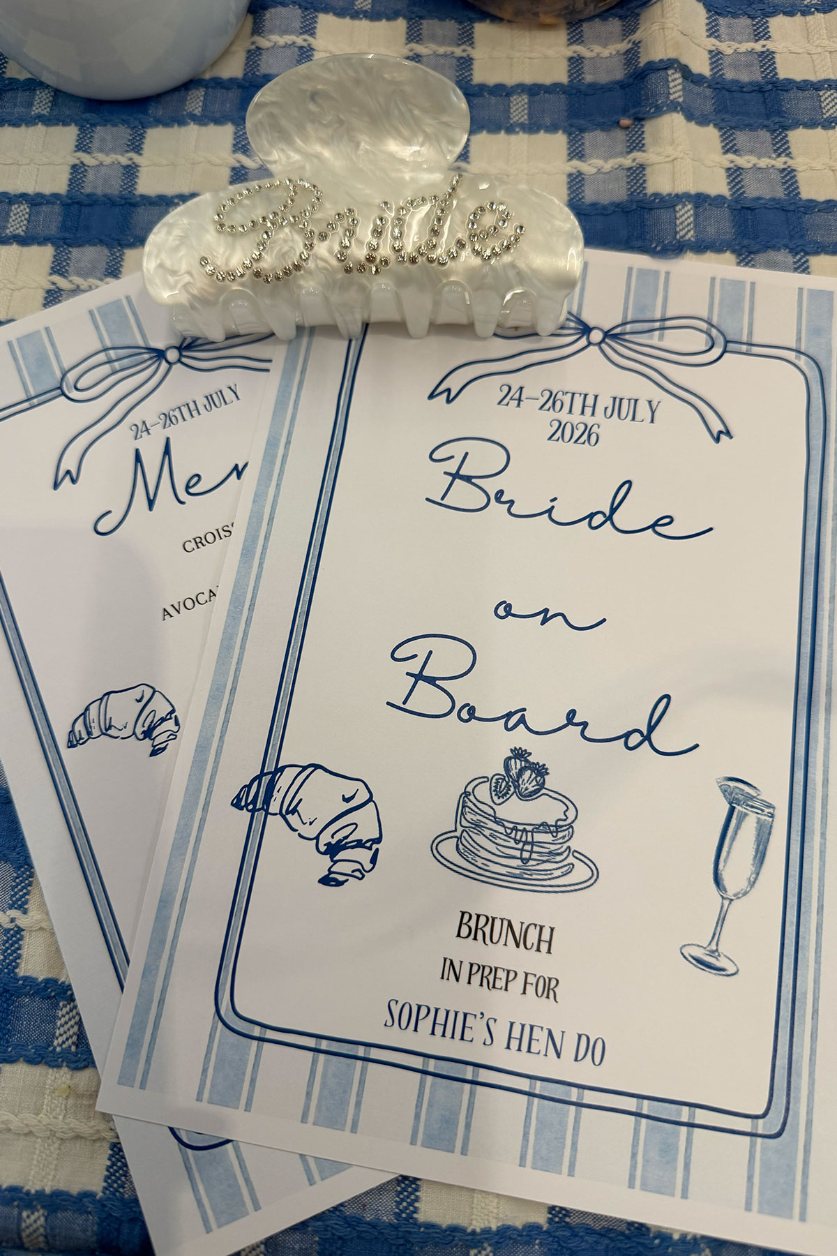 Blue and white Bride on Board stationery and bridal hair clip for Sophie’s Manchester hen do.