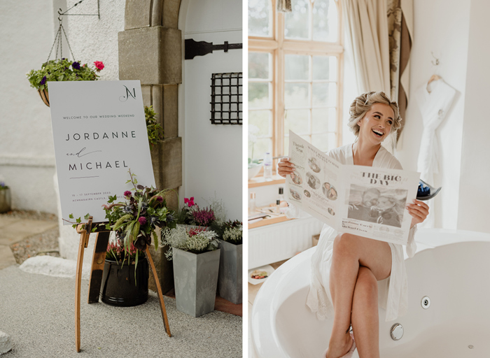 An elegant black and white wedding welcome sign on a wooden easel on left with flower decoration and flowers in silver square urns in background. A bride wearing a white dressing gown sitting on a bath reading a 'wedding newspaper' in an elegant room at Achnagairn castle