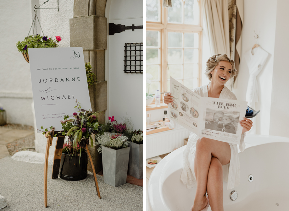 An elegant black and white wedding welcome sign on a wooden easel on left with flower decoration and flowers in silver square urns in background. A bride wearing a white dressing gown sitting on a bath reading a 'wedding newspaper' in an elegant room at Achnagairn castle