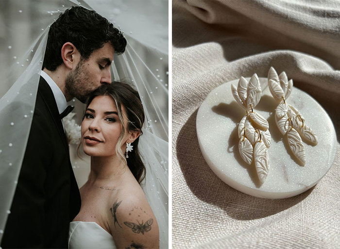 A bride and groom under a veil on left. Groom kisses bride on head. Bride has tattoos and is wearing a pair of statement bridal earrings. Imprinted polymer clay statement bridal drop earrings with gold links shown on right