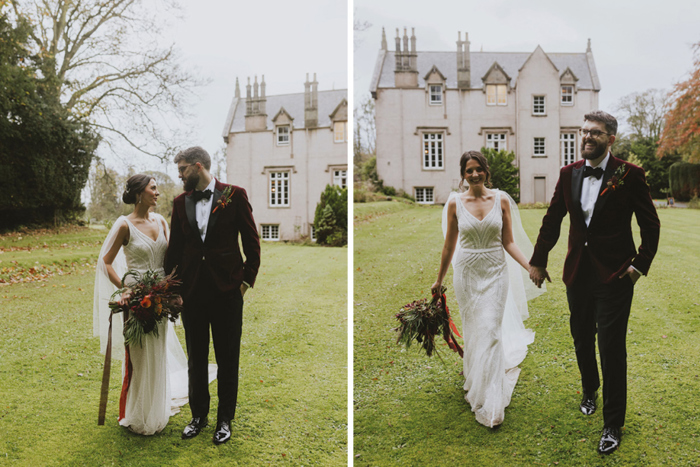 Bride And Groom Walking Outside Netherbyres House