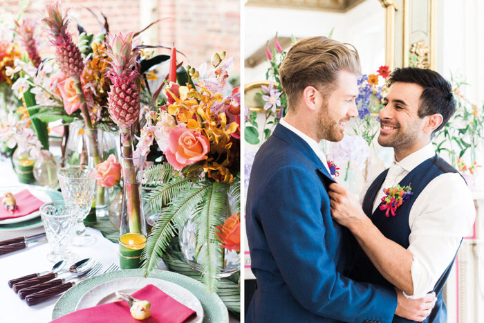 Colourful tablescape and image of two grooms by Revelry Events