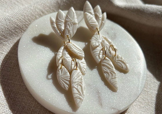 Imprinted polymer clay statement bridal drop earrings with gold links