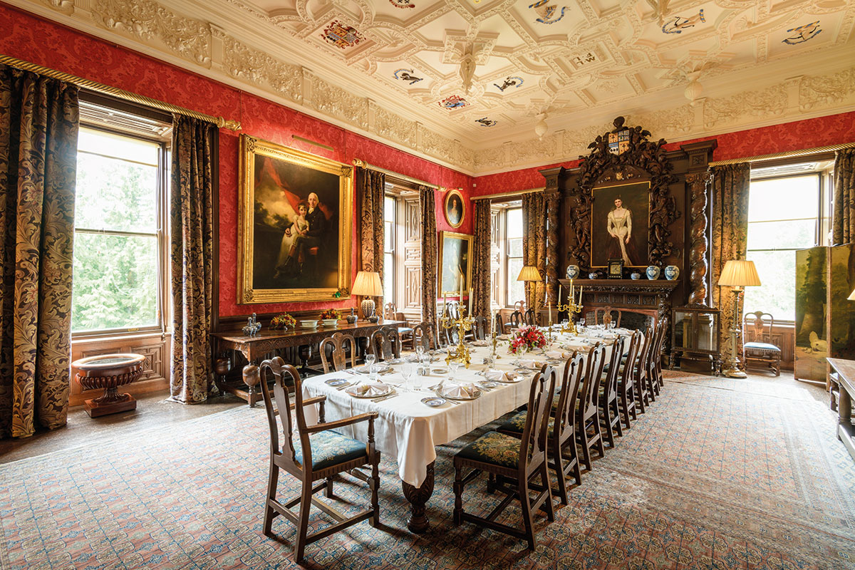 Historic Dining Room at Fyvie Castle set for an intimate wedding meal around a long table