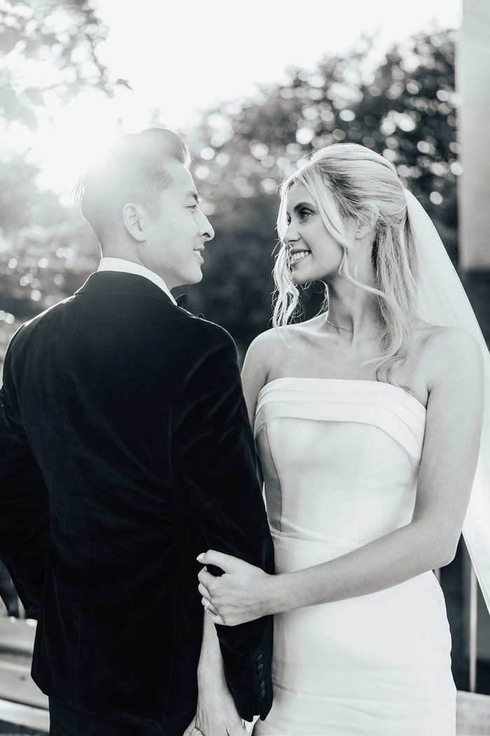 a bride and groom portrait in busby hotel garden