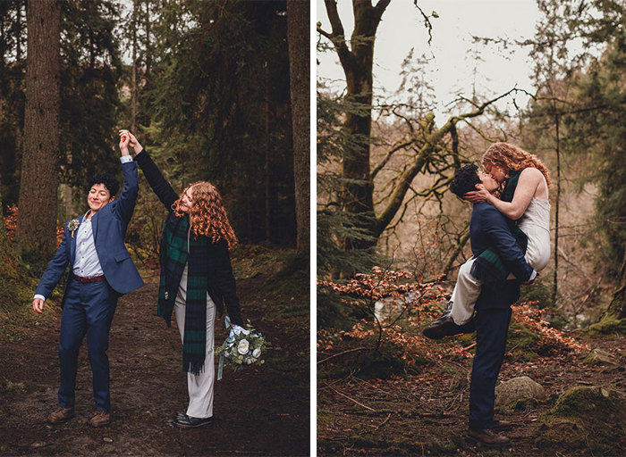 On the left two brides hold their interlocked hands up high as they walk through a forest, on the right a woman in a suit lifts a woman in a jumpsuit 