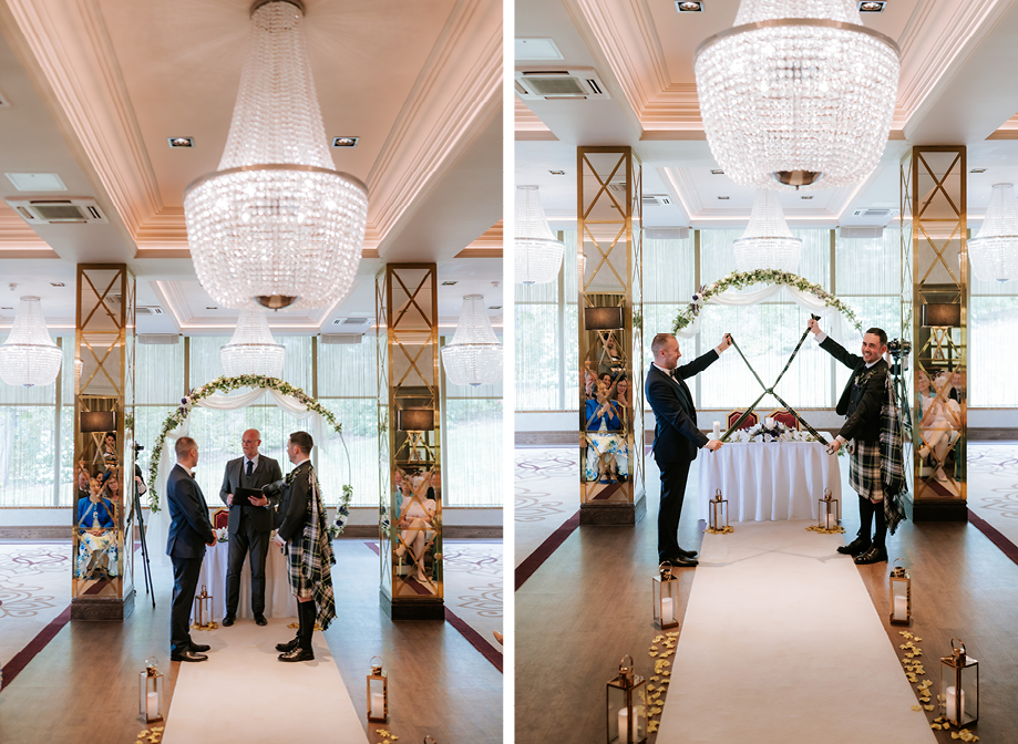 wedding ceremony of two grooms at Boclair House with handfasting