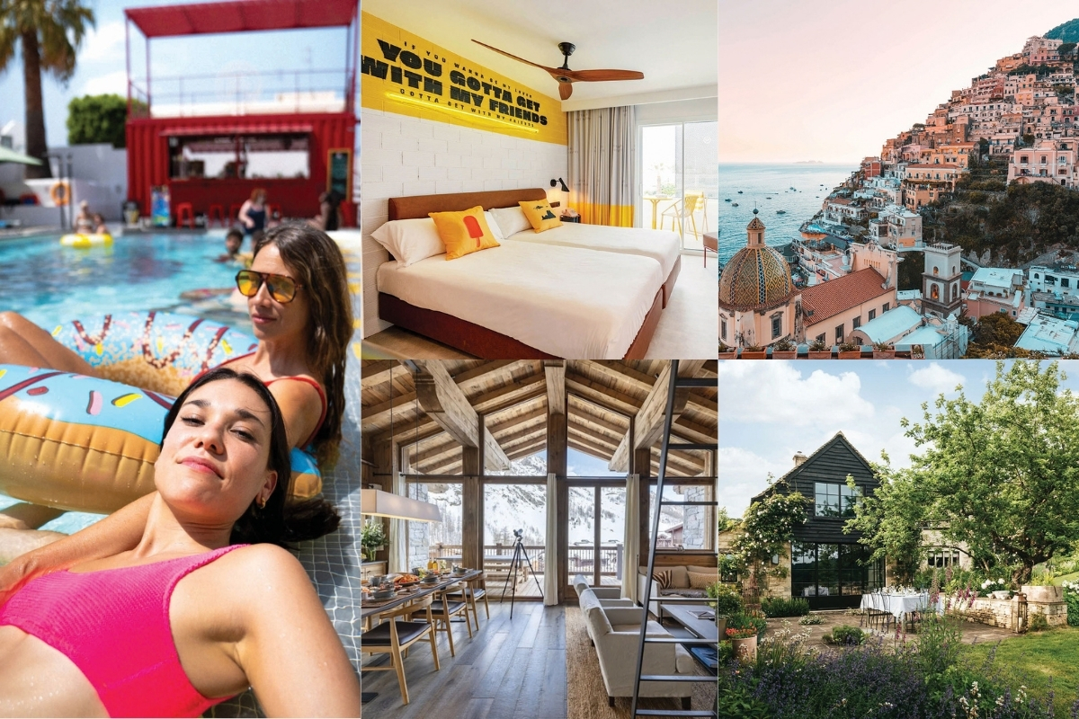 Collage of group holiday inspiration including Ibiza, Positano, a ski chalet and a Cotswolds country retreat