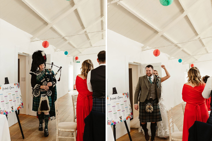 Piper making his entrance followed by the bride and groom