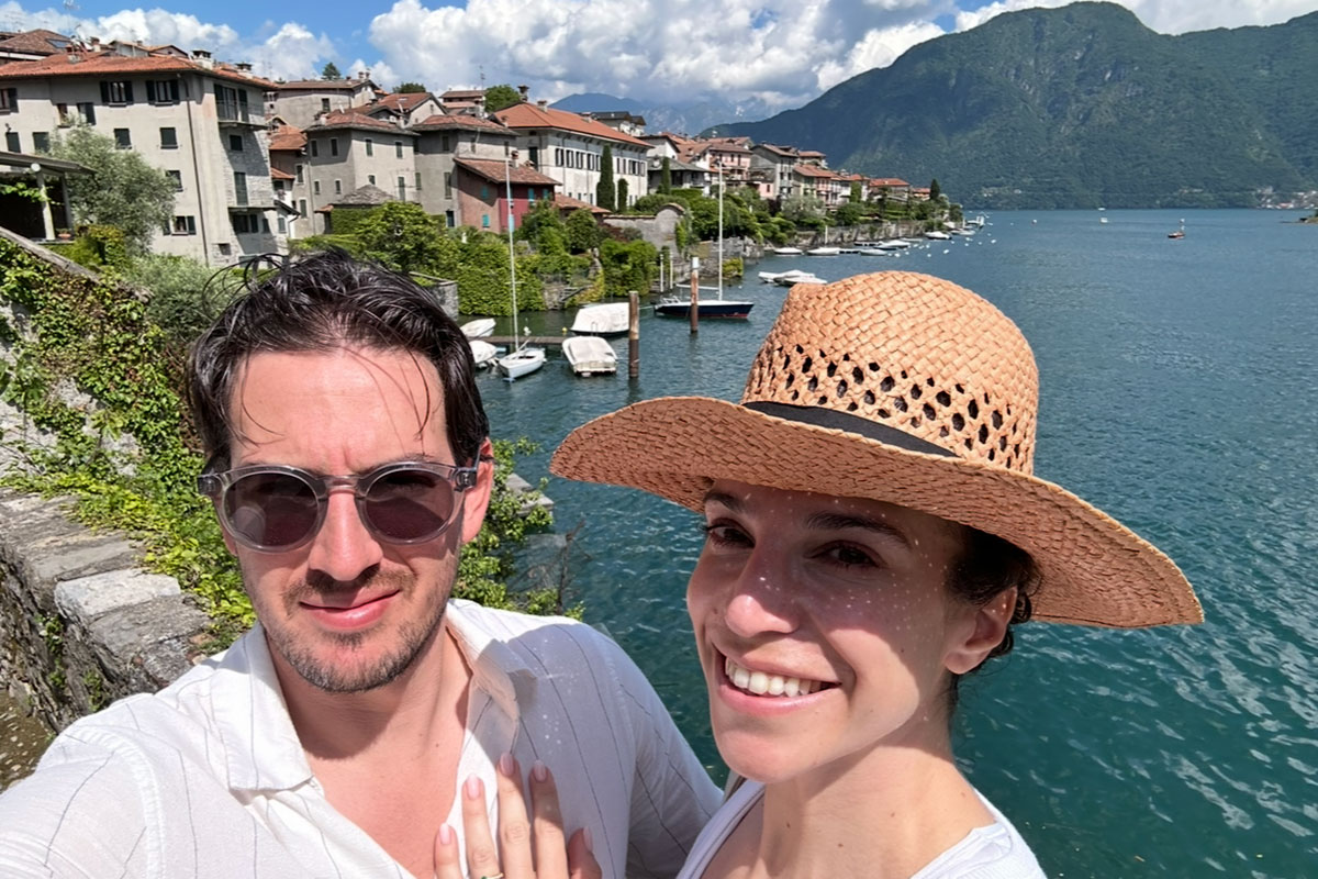 opus couture sales consultant sophie taylor smiles with fiance alan while wearing a straw hat