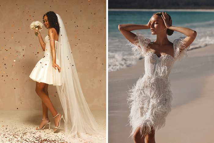 Two mini wedding dresses on models