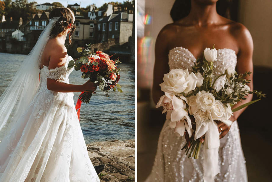 two separate brides holding relaxed and natural bouquets