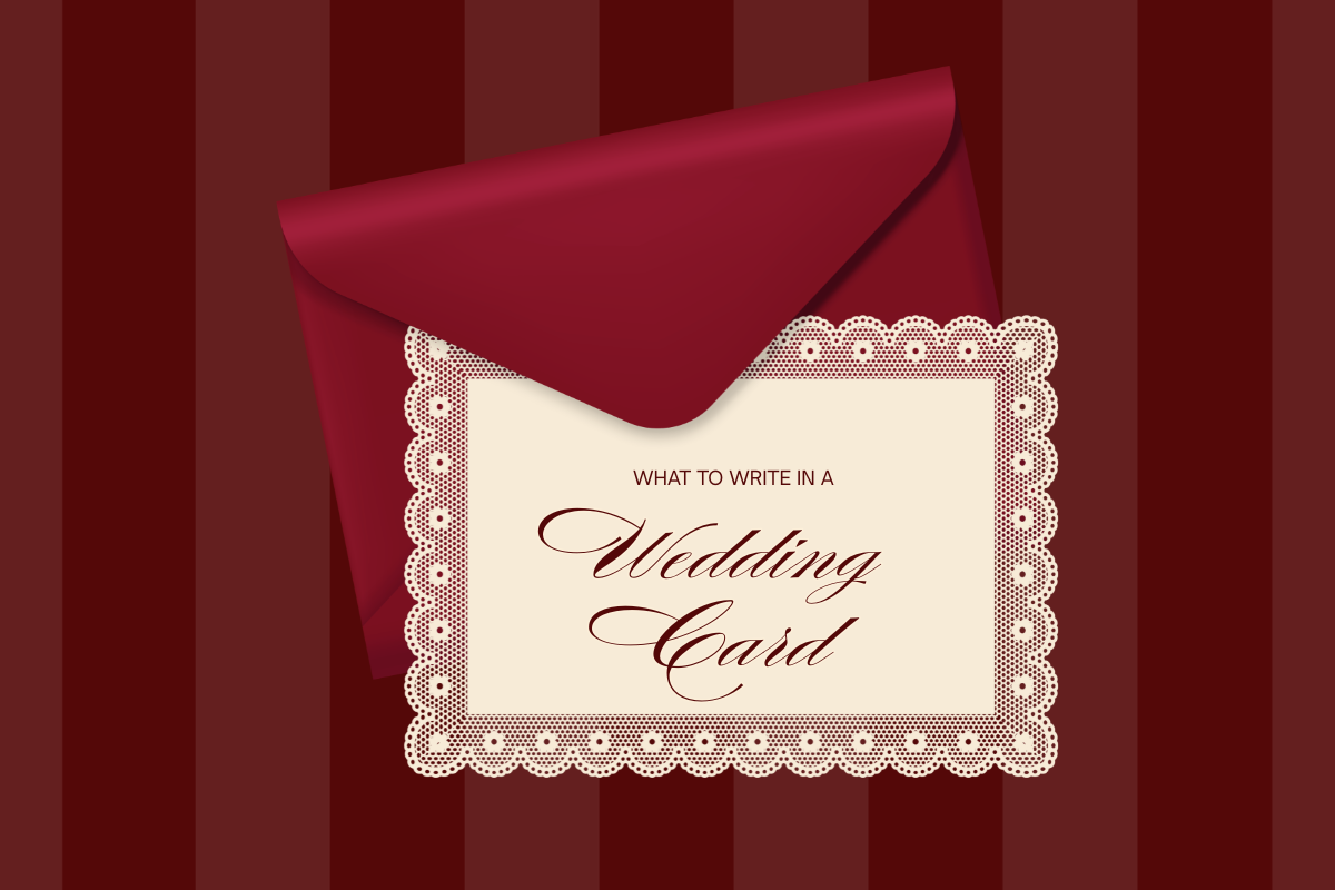 Illustration of a wedding card and red envelope with the words “What to write on a wedding card”.