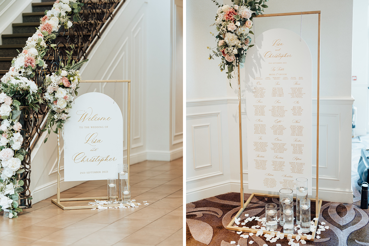 left image shows a gold and white script wedding welcome sign below a staircase that's decorated in pink and white roses running up the bannister. Right image shows a tall gold frame with white and gold wedding table plan