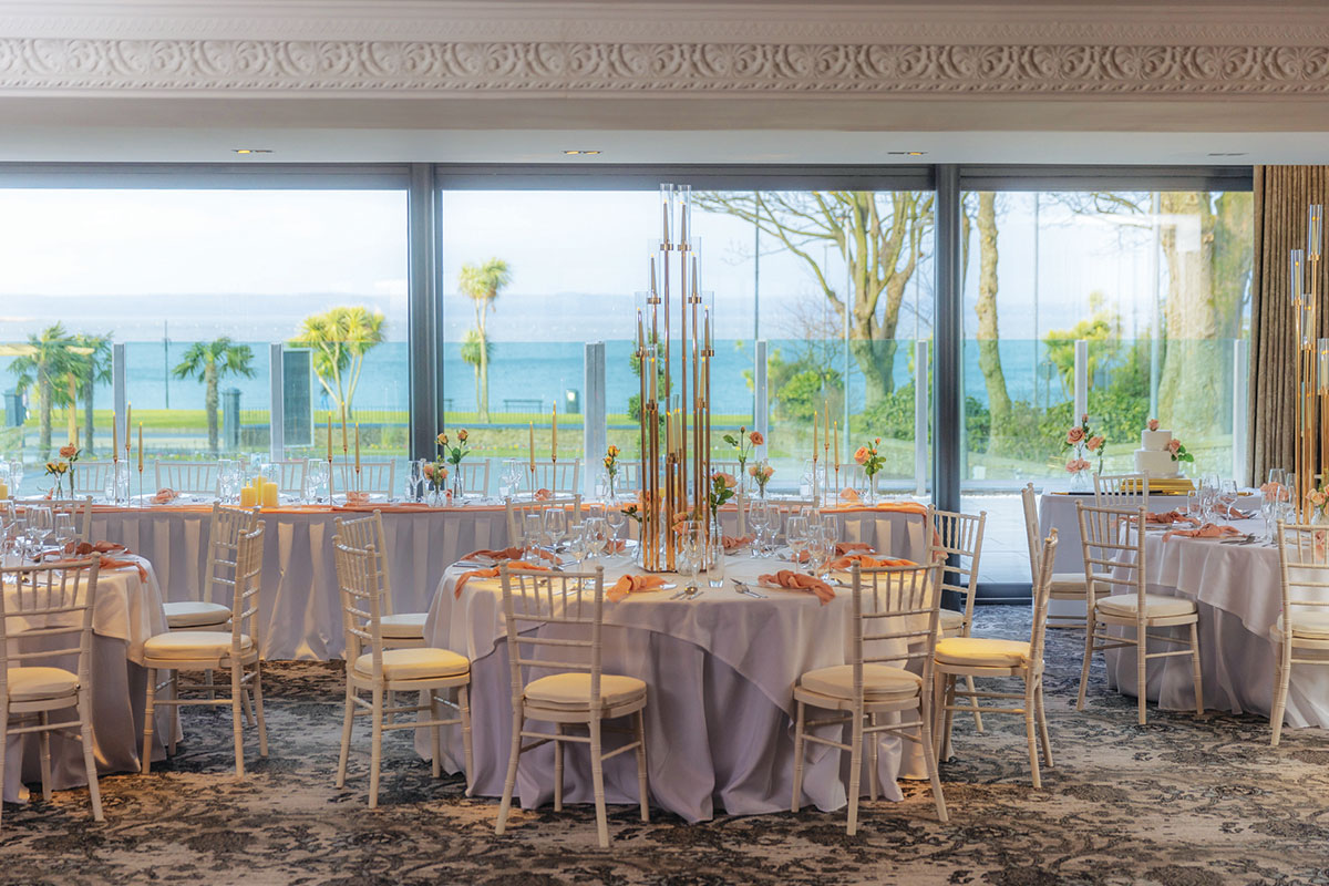 Brisbane suite at Brisbane House set for wedding dinner with view to Firth of Clyde