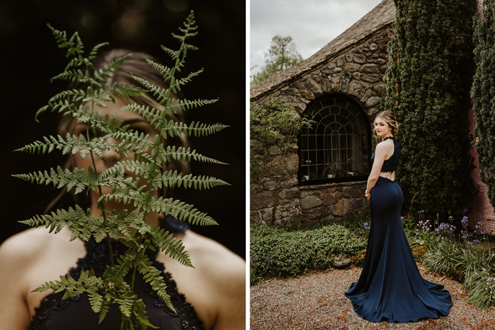 Bridesmaid wearing navy blue dress is pictured behind foliage and outside in front of venue 