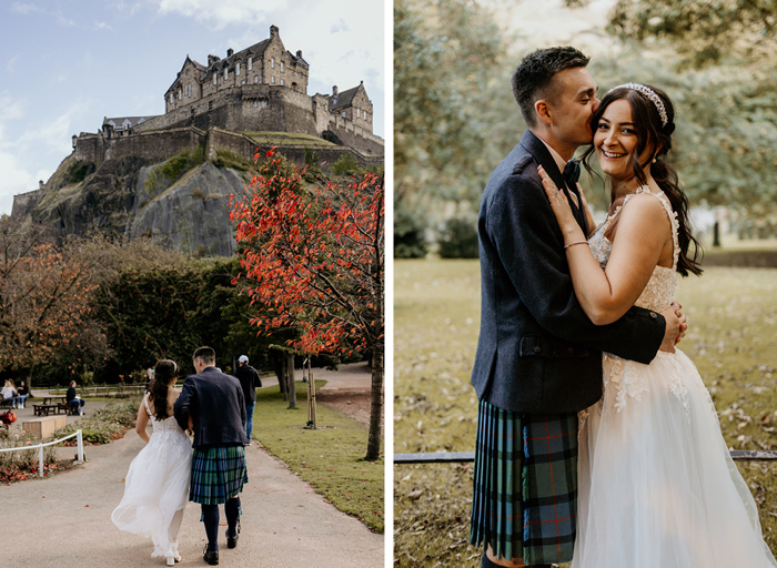 Bride and groom walk around park with view of Edinburgh castle