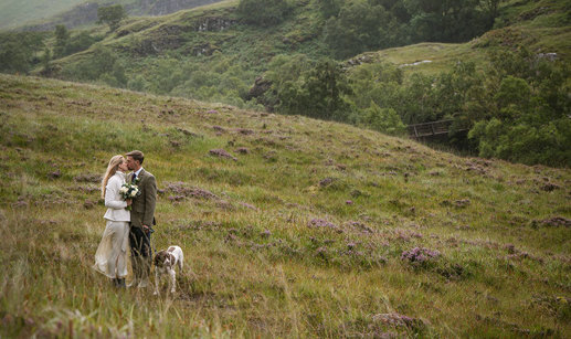 a bride and groom kissing in the heather covered hills of Glencoe in Scotland. They have a spaniel dog on a lead with them