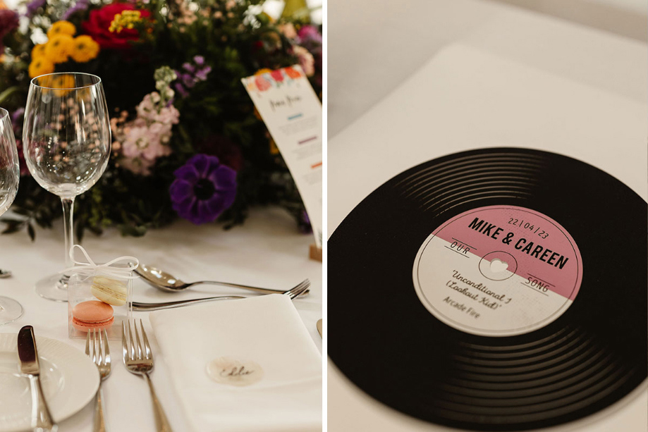 Table decor and favours and a personalised wedding record
