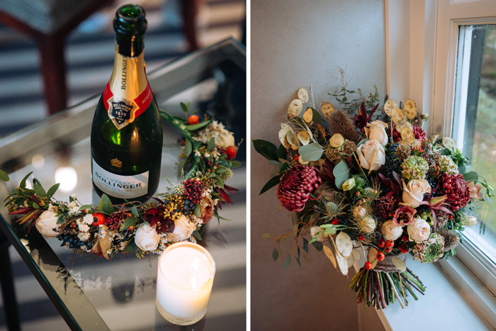 Bottle of Bollinger in one image and bride's bouquet in another