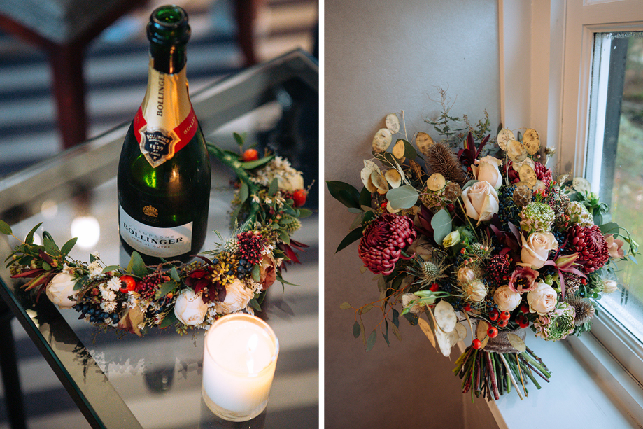 Bottle of Bollinger in one image and bride's bouquet in another