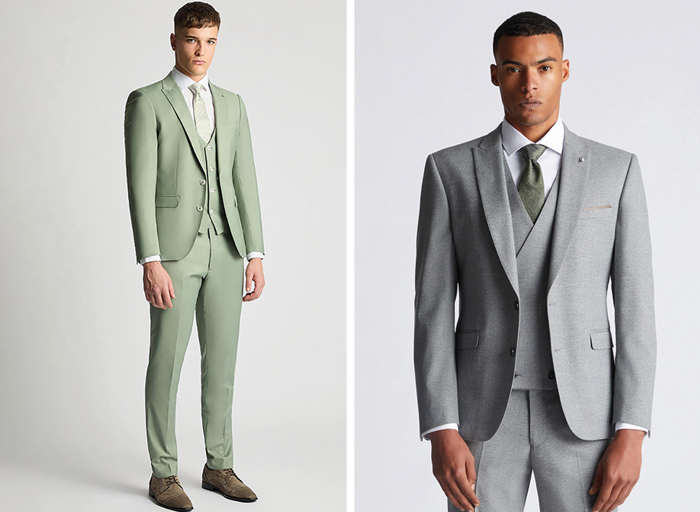 Two separate images of male models in light green and grey coloured suits