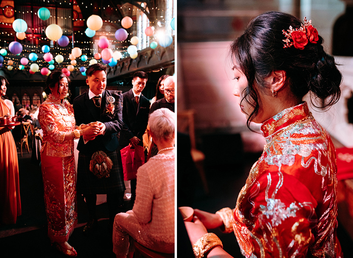 a bride wearing a red and gold qun kua with a groom wearing a kilt performing a Chinese tea ceremony on left. There are colourful lanterns hanging above them and wedding guests in the background. Detail of bride wearing a red and gold qun kua on right