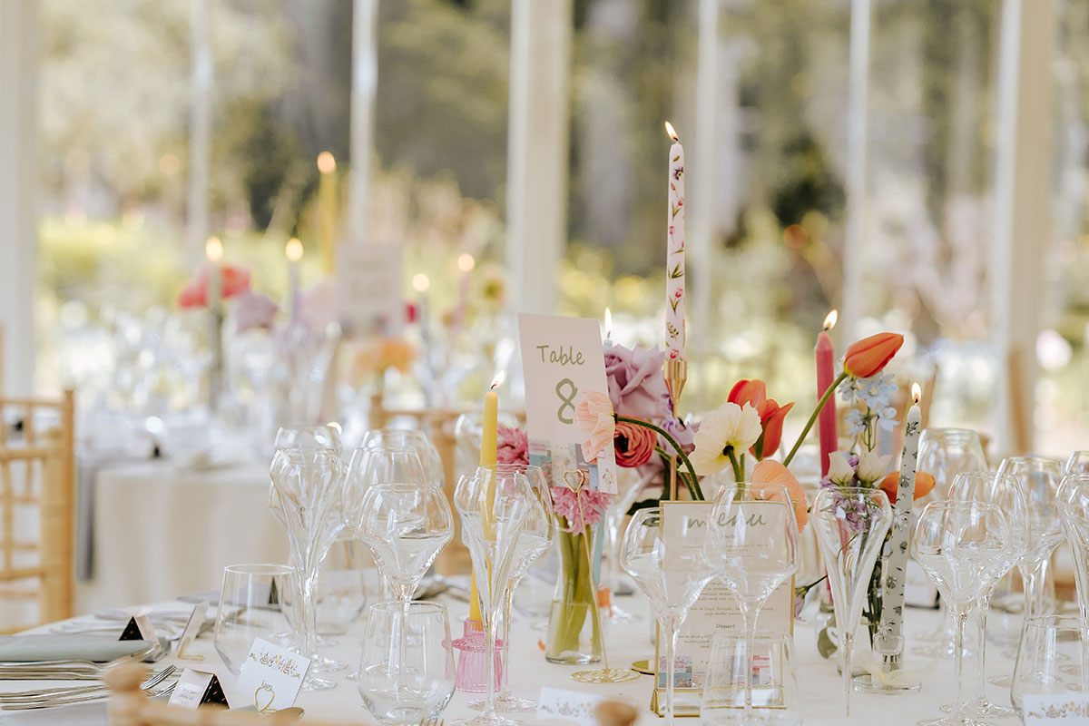 pastel wedding table with wine glasses at Carlowrie Castle wedding 