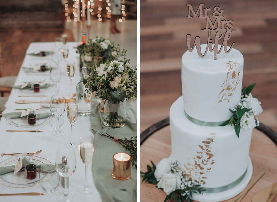a green and white wedding table setting on left. a green, white and gold leaf wedding cake on right