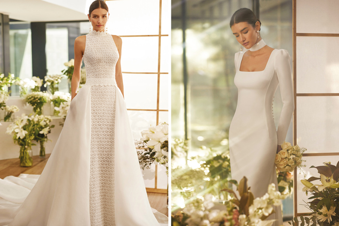 Two elegant wedding dresses with neck details side by side on the same model