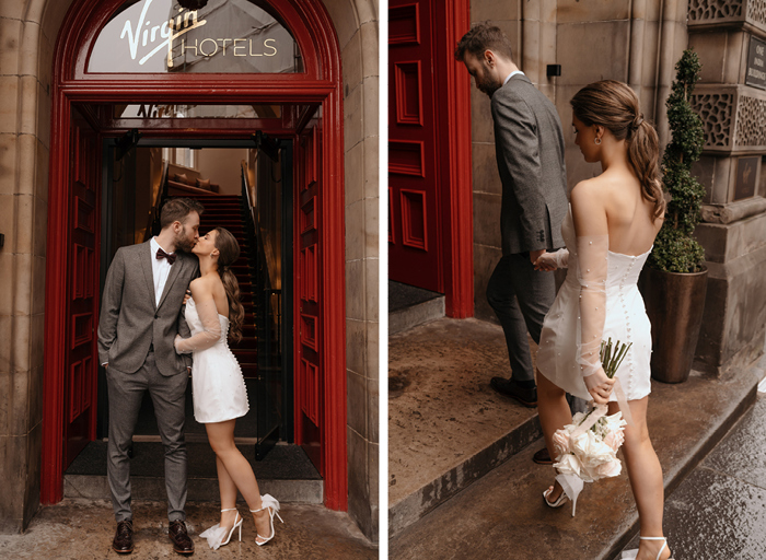 bride and groom stand outside the entrance to the Virgin Hotel Edinburgh