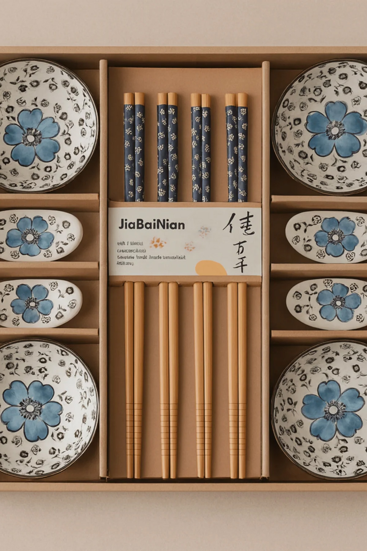 Sushi dining set with blue floral bowls, chopsticks and spoons, a practical wedding gift idea for food-loving couples