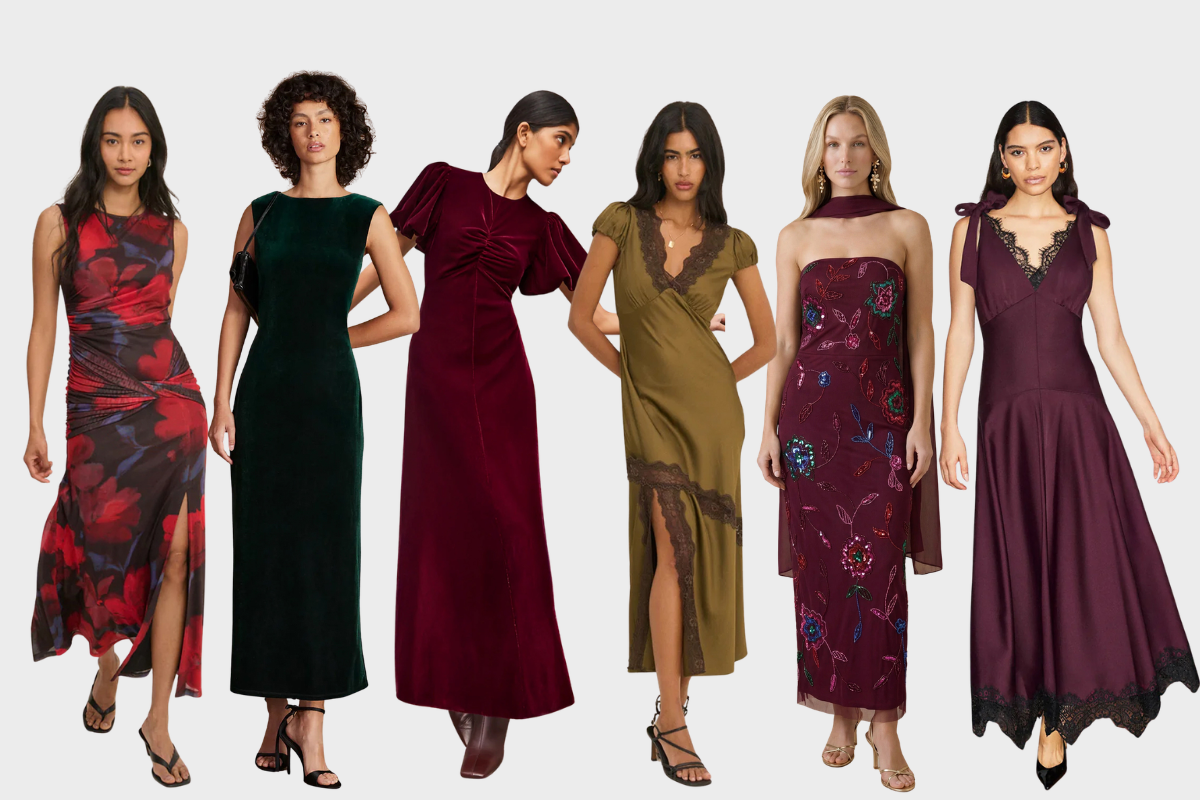 A header image with cutouts of six models wearing autumnal wedding guest dresses