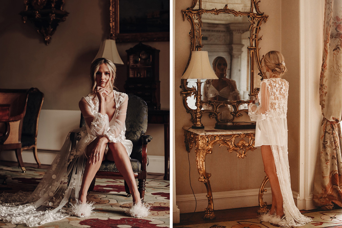 A Bride Posing Wearing A Lace Dressing Gown Sitting On A Chair And Standing Looking In A Gilded Mirror