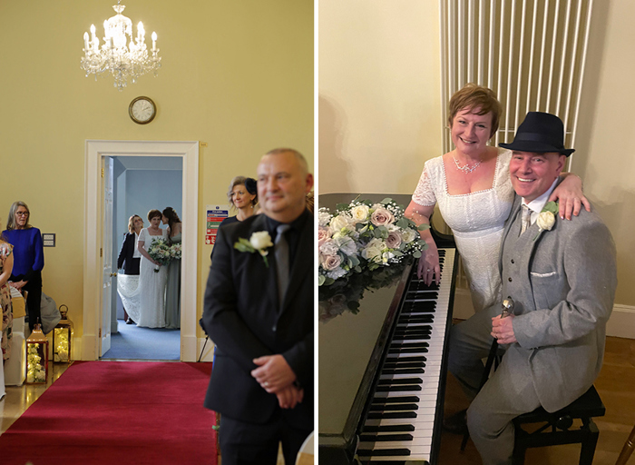 On the left a bride preparing to walk down the aisle, on the right the same bride stands next to the groom who is sitting at a piano